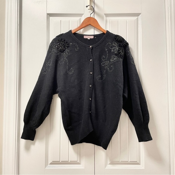 Vintage Lambswool Angora Knit Button Up Embellished Cardigan Black - M - Picture 1 of 15
